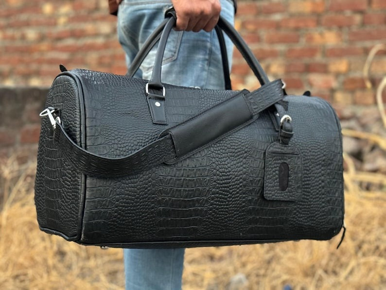Executive Black Crocodile Textured Leather Duffle Bag
