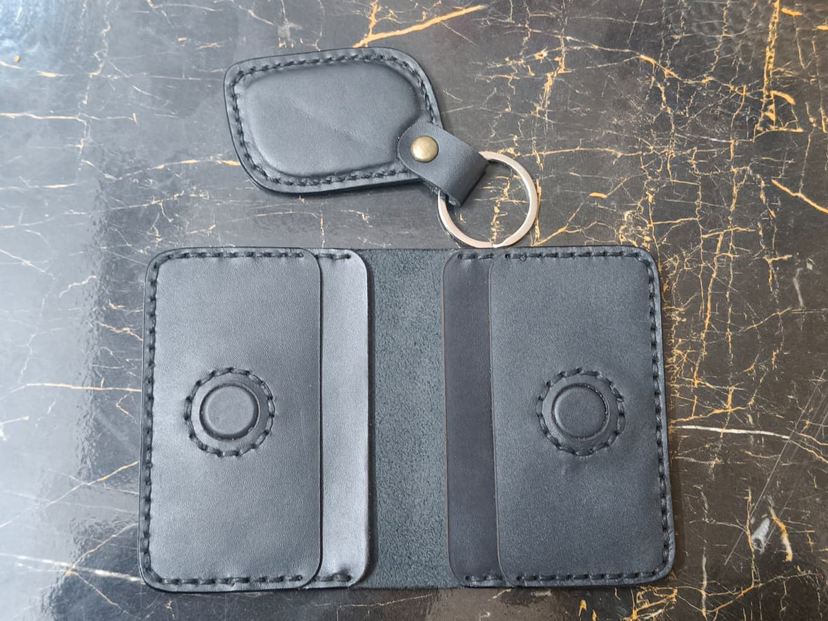 Midnight Black Hand-Stitched Leather Wallet & Keychain Combo