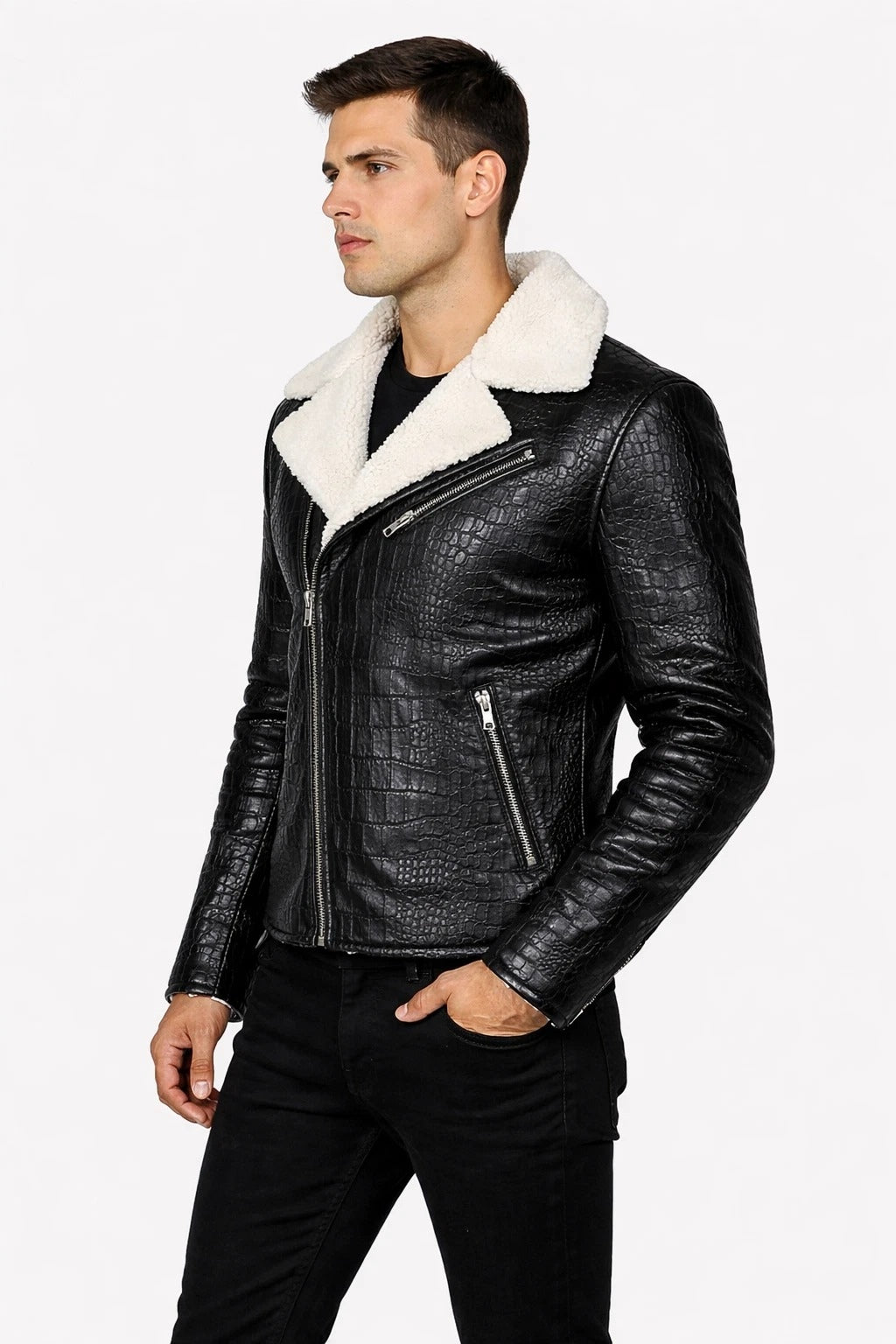 Apex Croc-Embossed Sherpa Biker Jacket