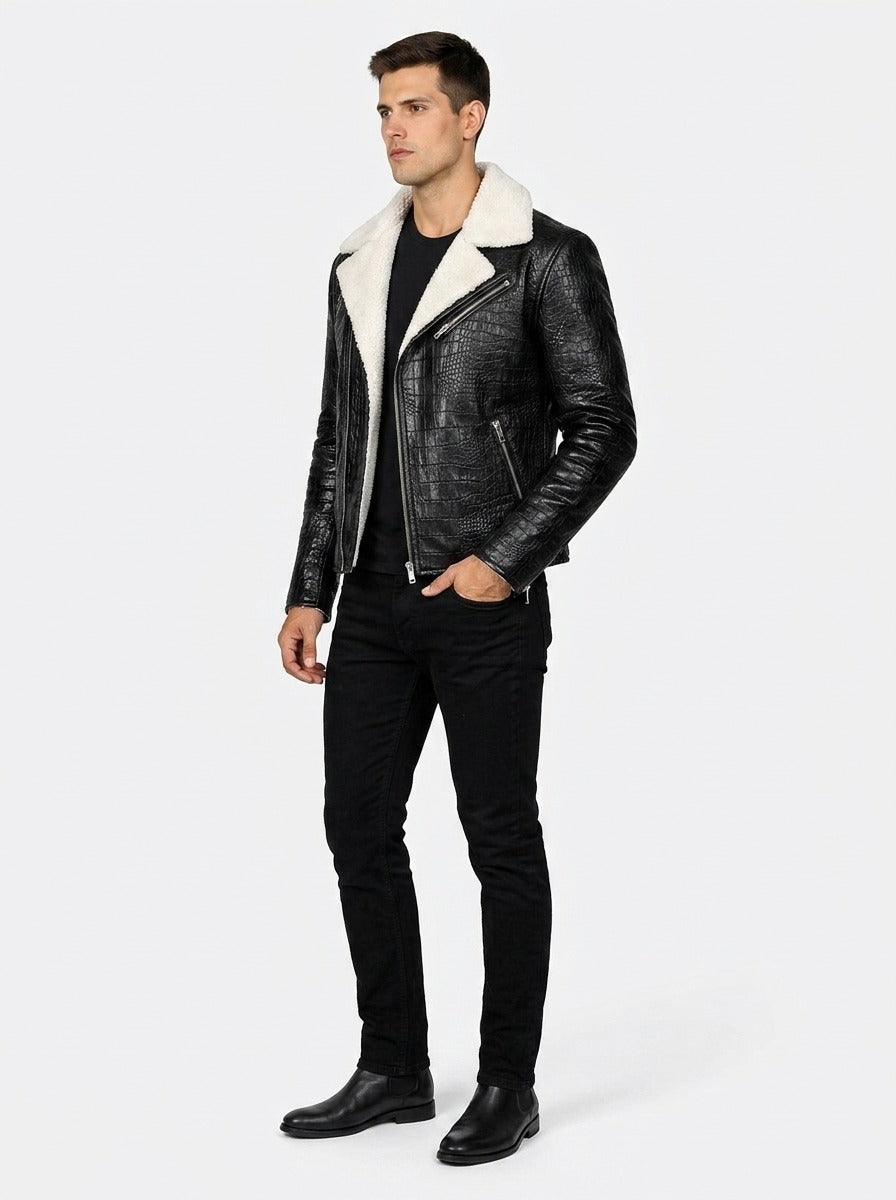 Apex Croc-Embossed Sherpa Biker Jacket