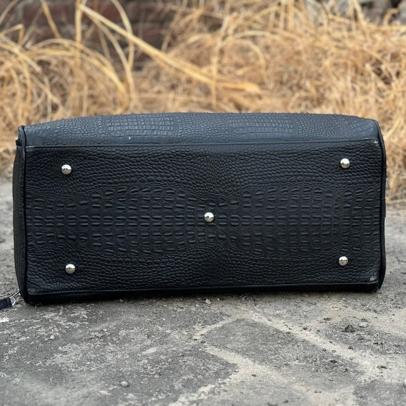 Executive Black Crocodile Textured Leather Duffle Bag