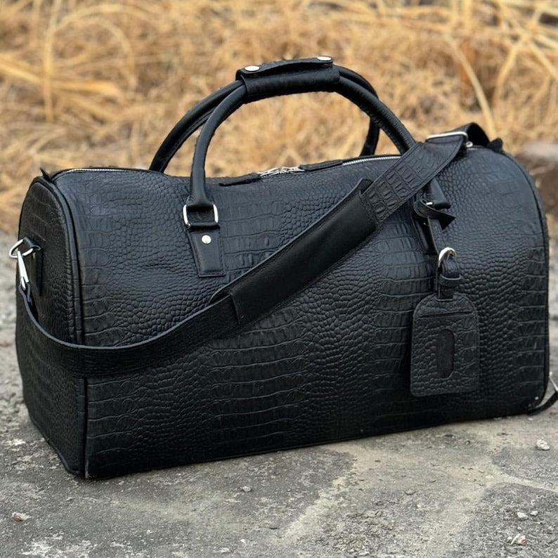 Executive Black Crocodile Textured Leather Duffle Bag