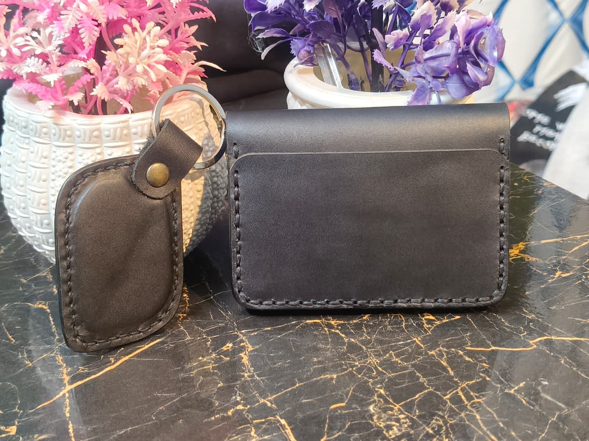 Midnight Black Hand-Stitched Leather Wallet & Keychain Combo