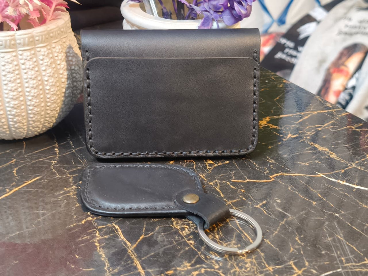 Midnight Black Hand-Stitched Leather Wallet & Keychain Combo