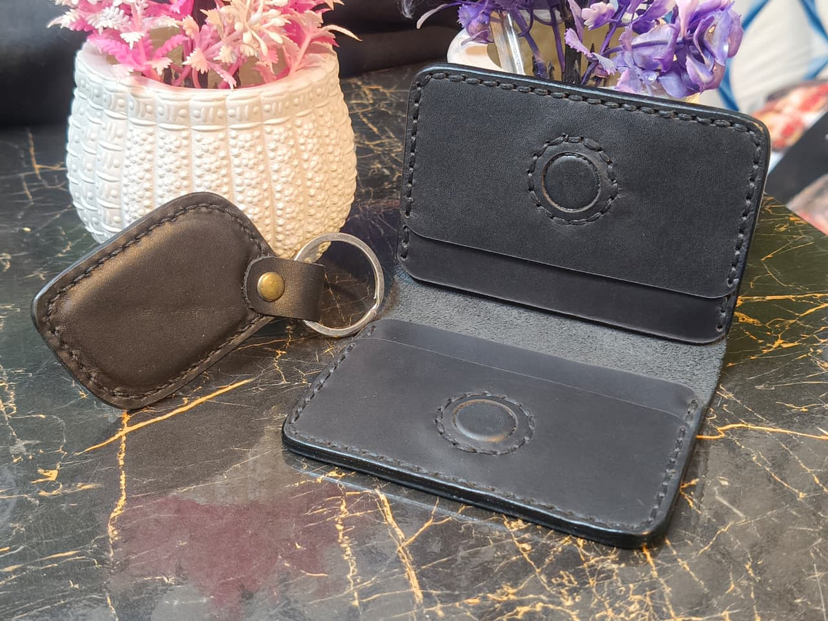 Midnight Black Hand-Stitched Leather Wallet & Keychain Combo